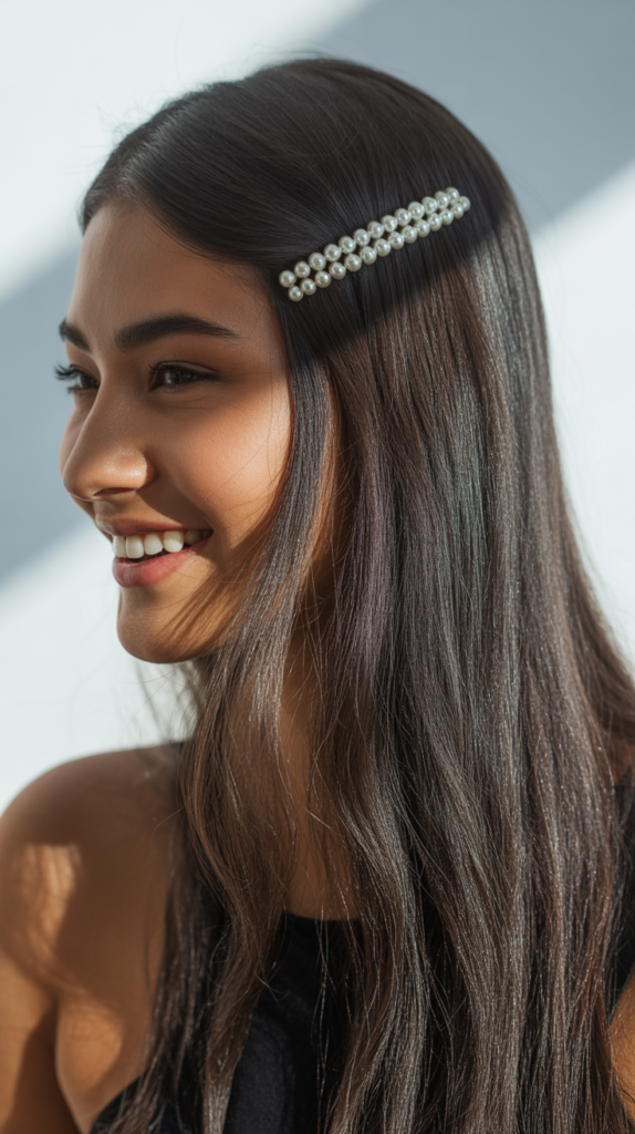  Straight Hair with Pearl Barrette