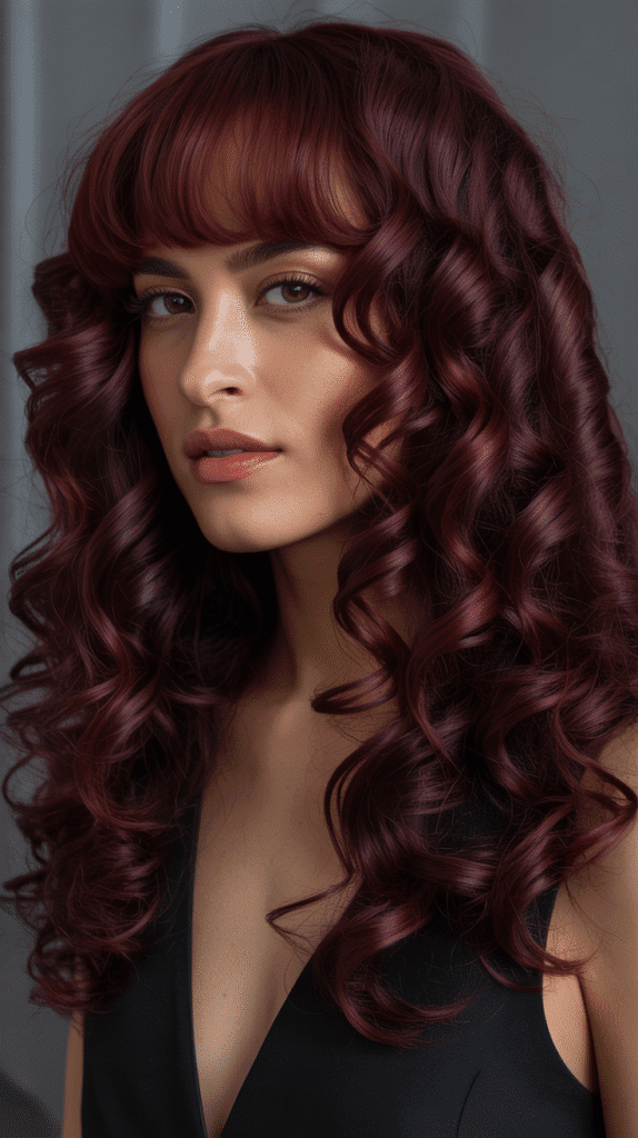  Long Bob with Curtain Bangs and Burgundy Color