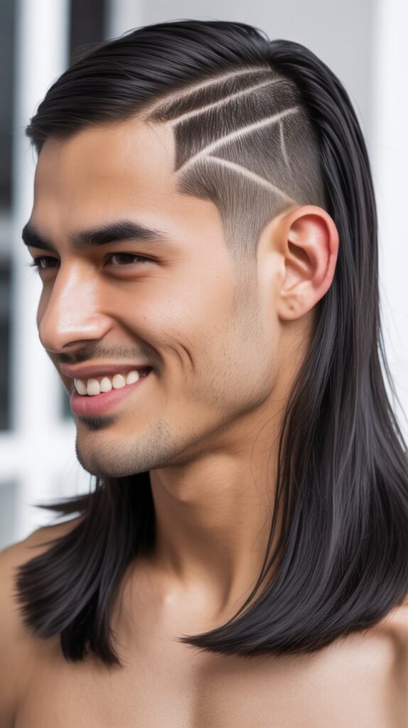 Long Straight Hair with Shaved Line Design