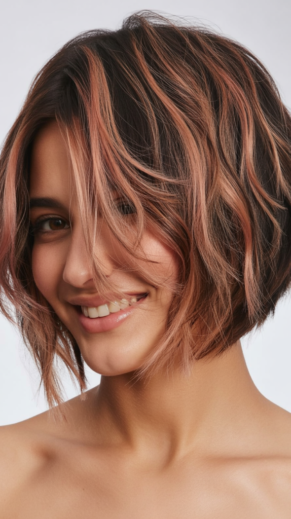  Textured Choppy Bob with Rose Gold Balayage