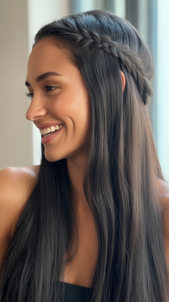  Straight Hair with Side Braid Accent