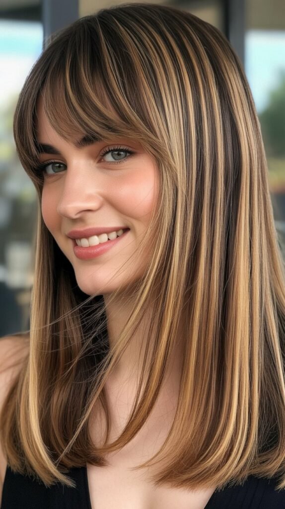 Soft Bangs with Straight Hair and Highlights