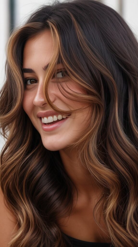 Dark Brunette with Face-Framing Highlights and Thick Money Piece