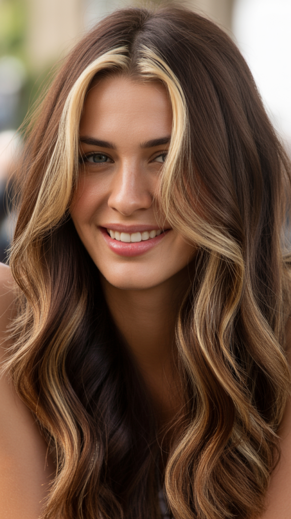 Brunette with Peekaboo Highlights and Bold Money Piece