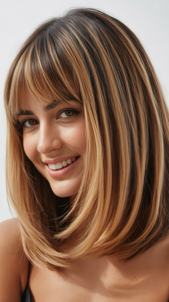  Long Bob with Curtain Bangs and Root Shadow