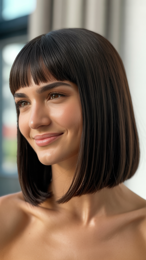 Precision-Cut Long Bob with Sharp Curtain Bangs