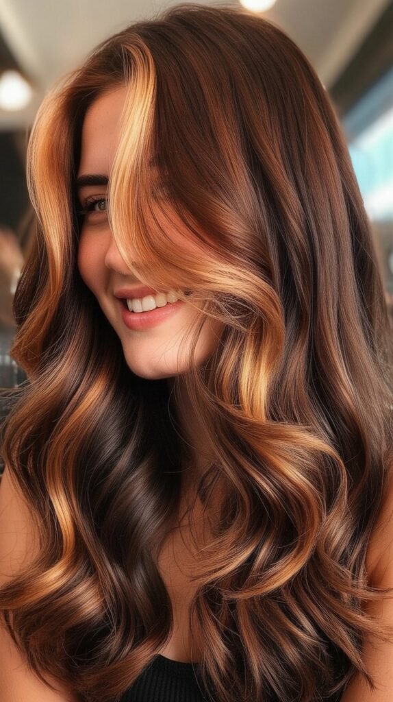 Burgundy Brown Balayage with Copper Blonde Money Piece