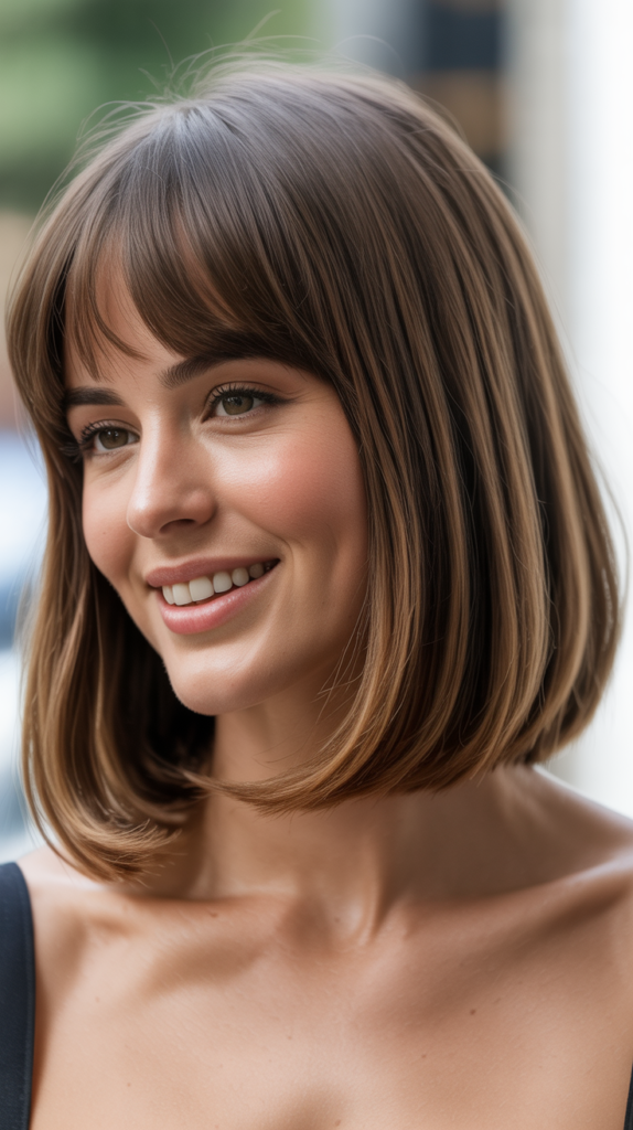 Classic Side-Parted Long Bob with Soft Curtain Bangs