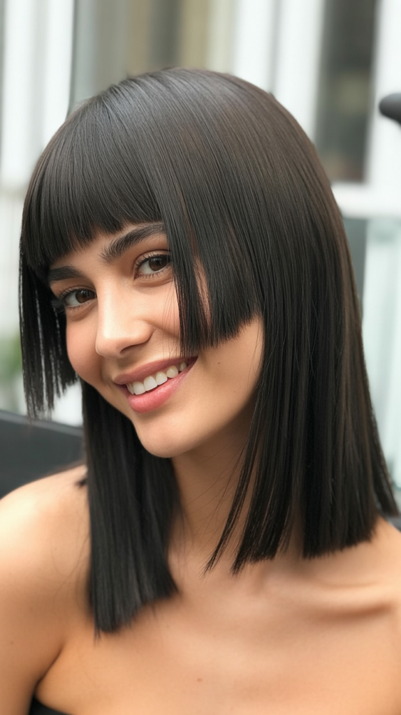Asymmetrical Bangs with One-Length Straight Hair