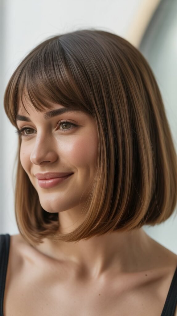 Classic Long Bob with Soft Curtain Bangs