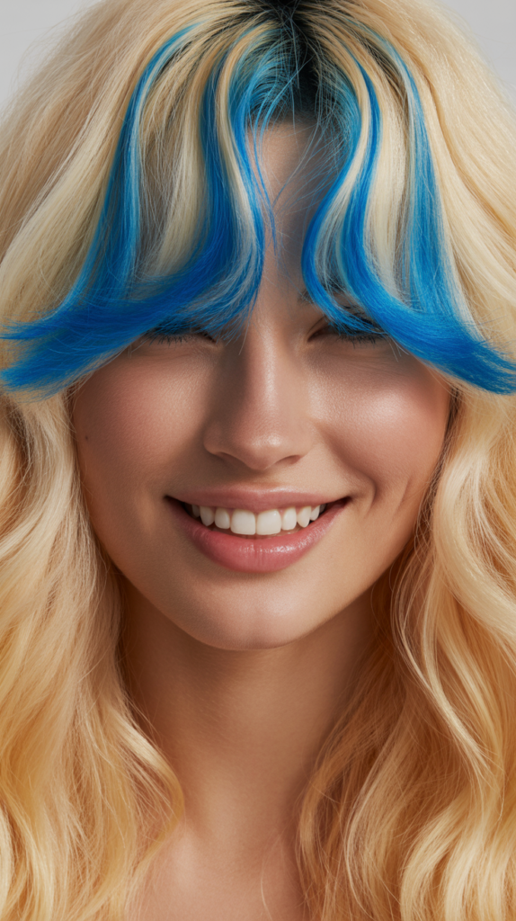 Butter Blonde with Cobalt Blue Face-Framing Streaks