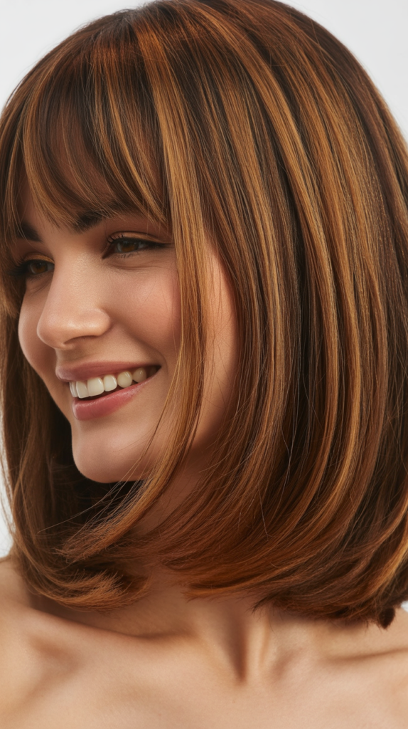  Long Bob with Curtain Bangs and Subtle Lowlights