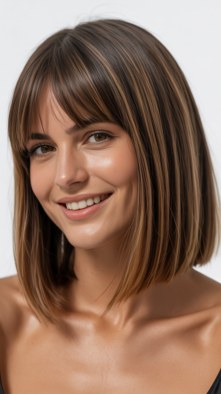 Beautiful Long Bob with Curtain Bangs Angled Cut