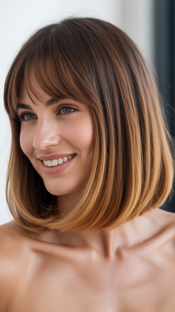 Long Bob with Curtain Bangs and Ombre Effect