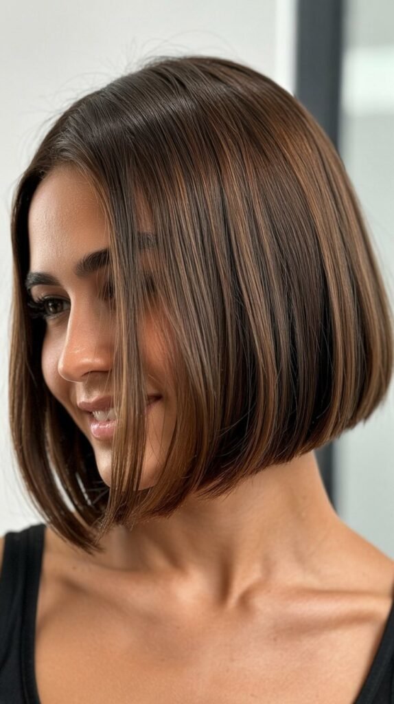 Polished Medium Angled Bob with Glass Hair Finish