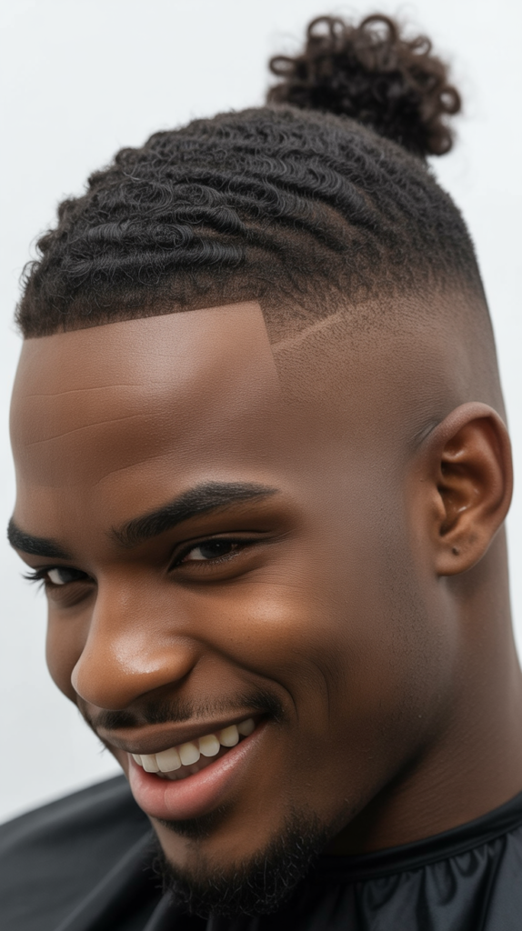 Low Taper Fade with Curly Top Knot