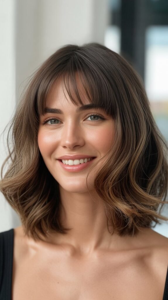Tousled Long Bob with Curtain Bangs for Thick Hair