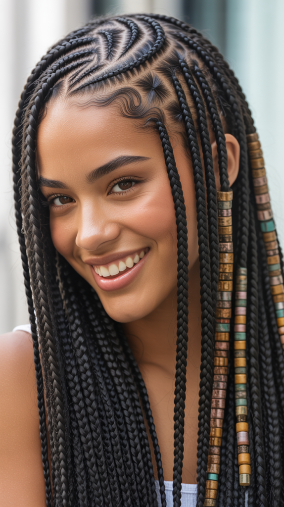 Half Cornrows Half Box Braids with Beads