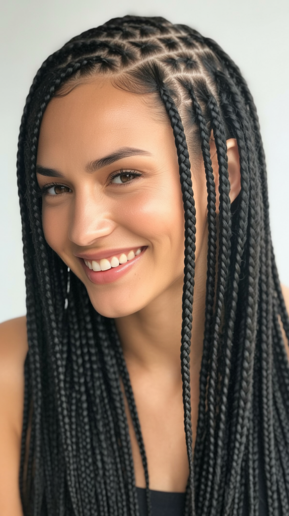Side Part Knotless Braids Half-Up Half-Down Style