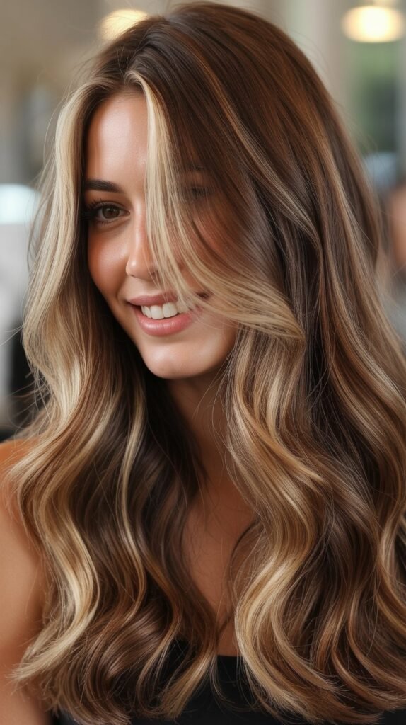 Warm Brunette Base with Bronde Balayage Money Piece