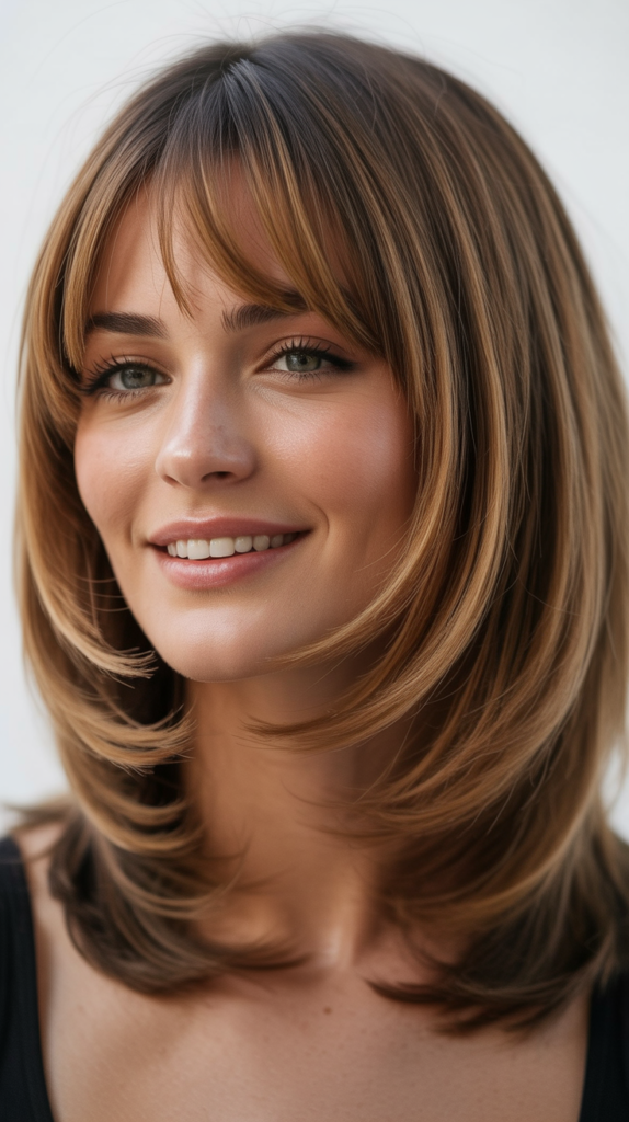 Long Bob with Disconnected Layers and Baby Curtain Bangs