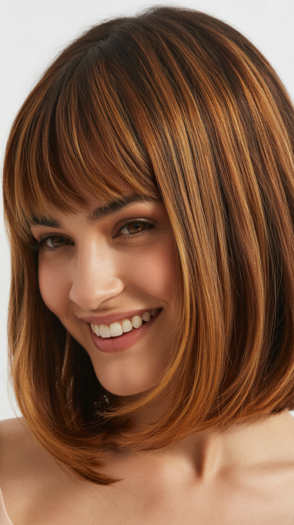 Long Bob with Curtain Bangs and Lowlights