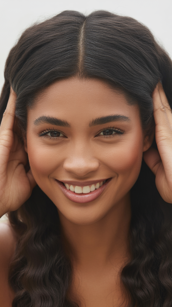 Straight Middle Part with Tucked Behind Ears