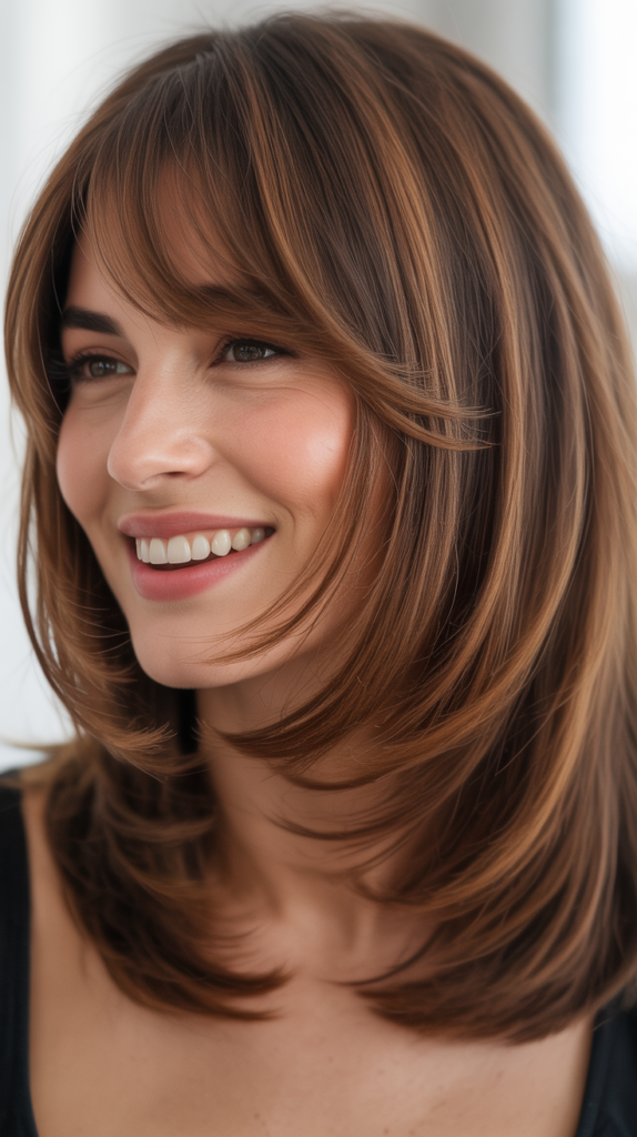 Long Bob with Feathered Layers and Side-Swept Curtain Bangs