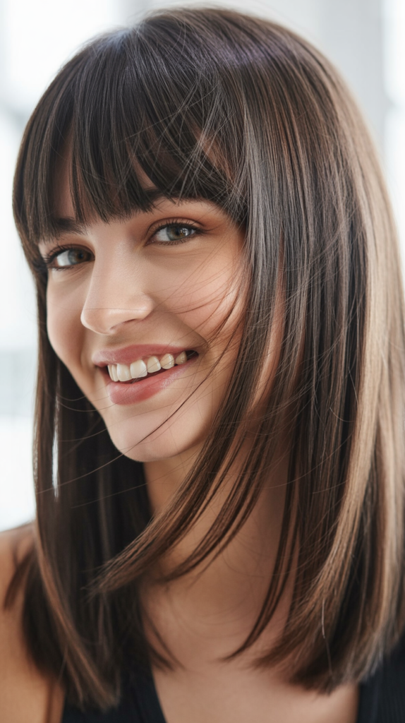  Textured Bangs with Straight Hair and Lowlights