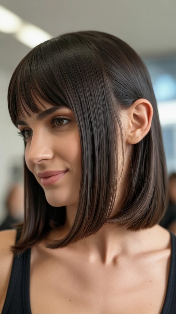 Polished Long Bob with Curtain Bangs and Tucked Ears