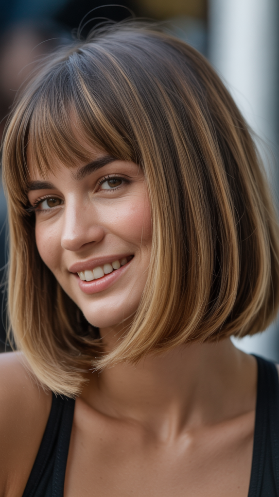 Long Bob with Curtain Bangs and Root Lift Volume