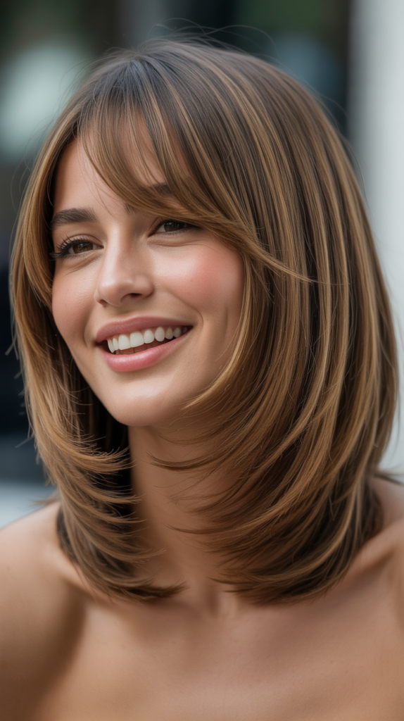 Long Bob with V-Cut Layers and Curtain Bangs