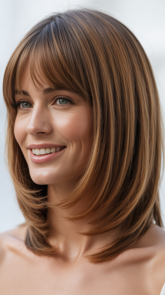 Sleek Long Bob with Minimal Layers and Sleek Curtain Bangs