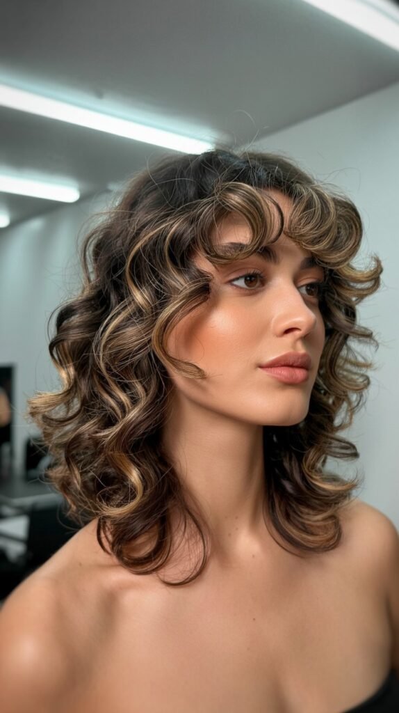 Curly Long Bob with Side-Swept Curtain Bangs