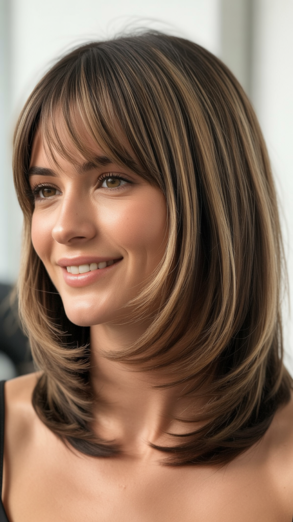 Long Bob with Layered Angles and Curtain Bangs for Square Faces