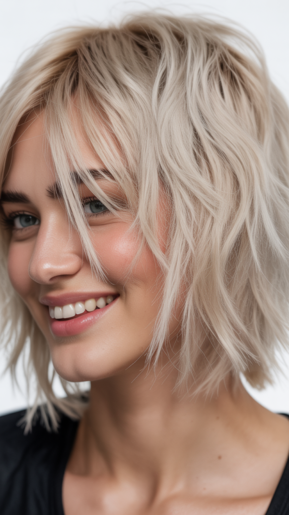 Platinum Blonde Shaggy Choppy Bob