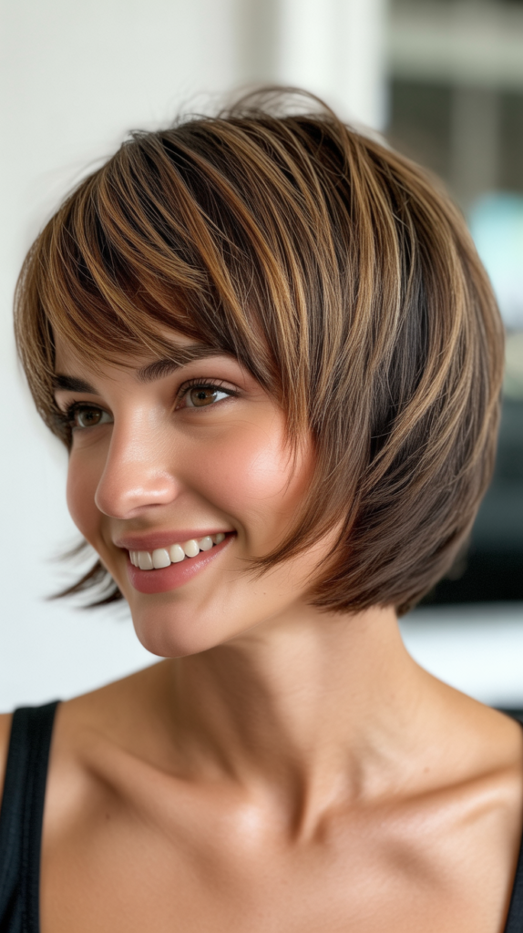 Stacked Bob with Wispy Bangs for Face-Framing Fullness