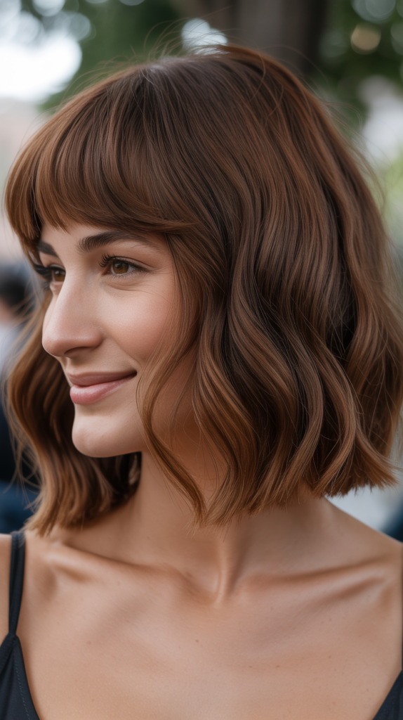 Wavy Long Bob with Curtain Bangs and Deep Side Part