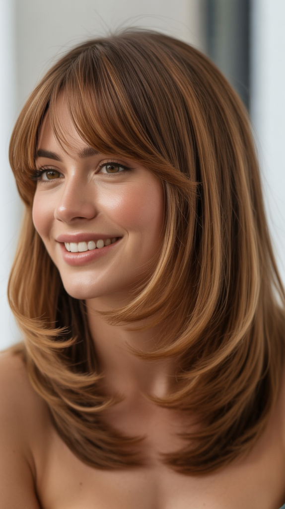 Long Bob with Face-Framing Layers and Bardot Curtain Bangs