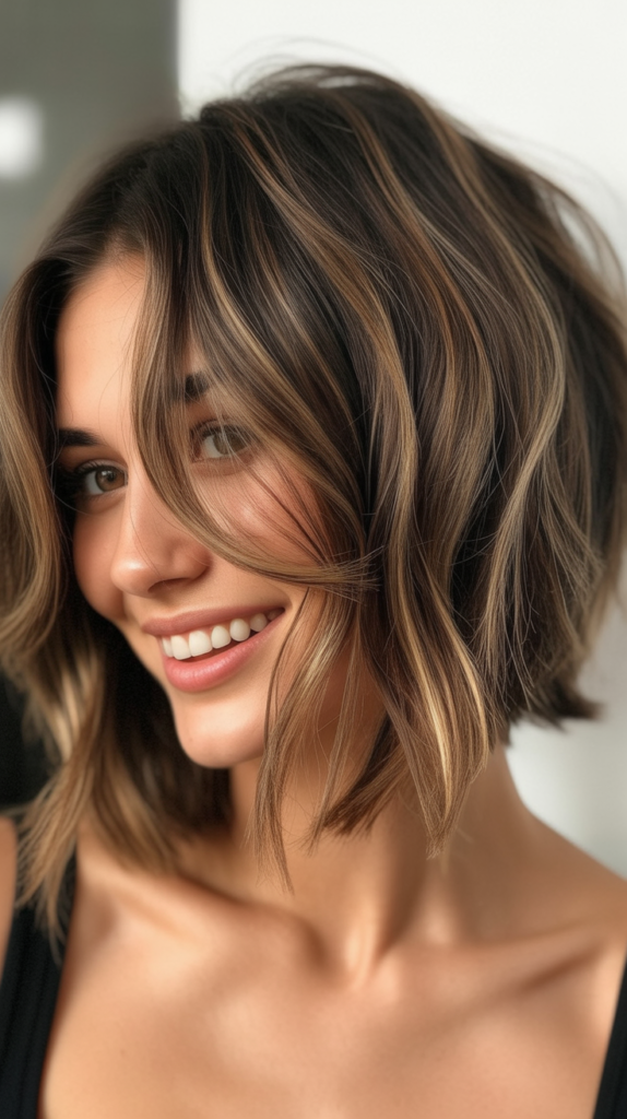  Messy Choppy Bob with Dimensional Brunette Balayage