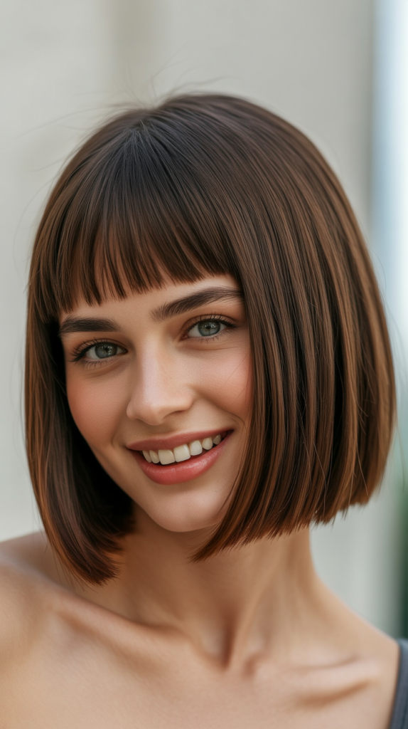 Blunt Cut with Eyebrow-Grazing Bangs