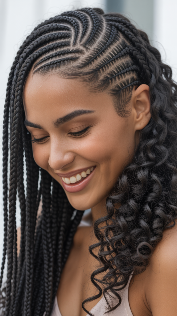 Sleek Cornrows with Curly-Ended Box Braids