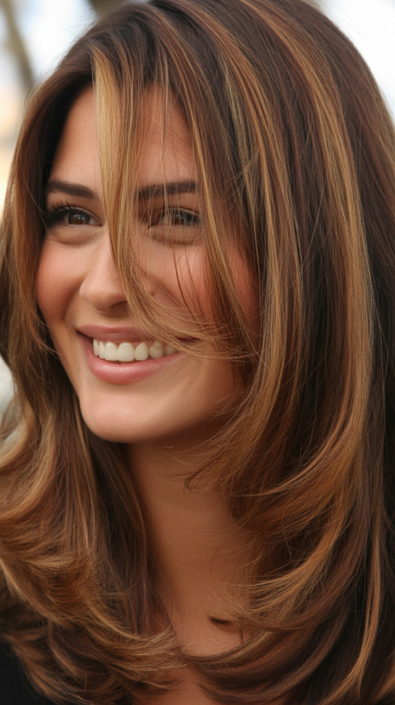 Caramel Highlights on Side-Swept Layers
