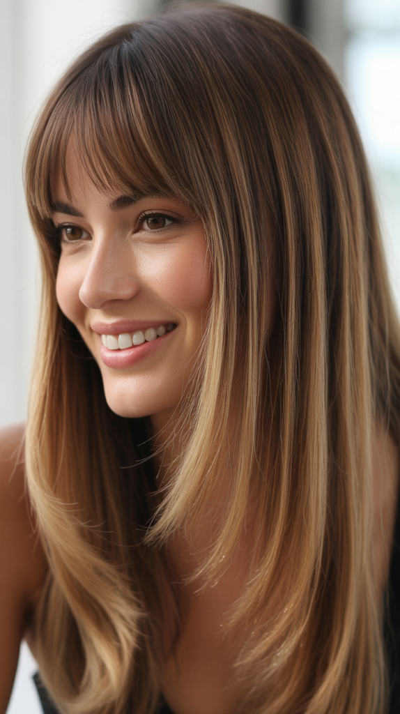 Soft Curtain Bangs with Straight Balayage Hair