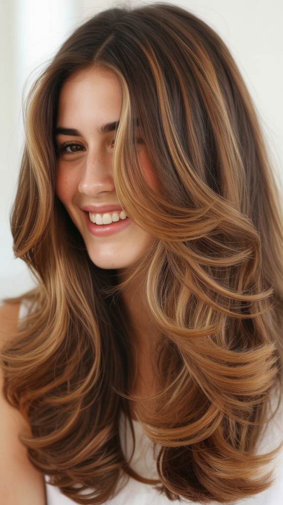 Balayage Caramel Highlights on Long Layers