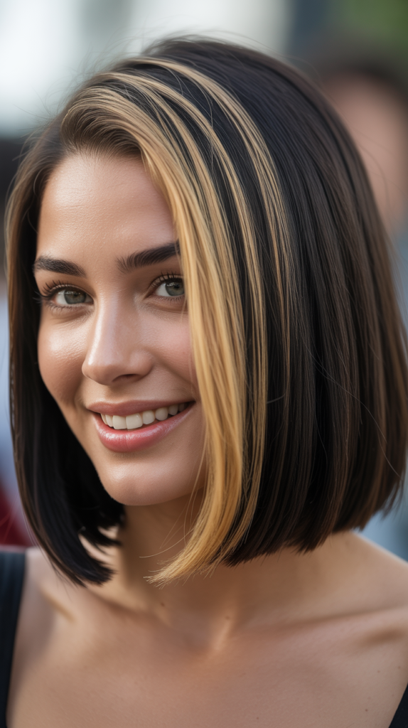 Blonde Highlights on Black Bob Haircut