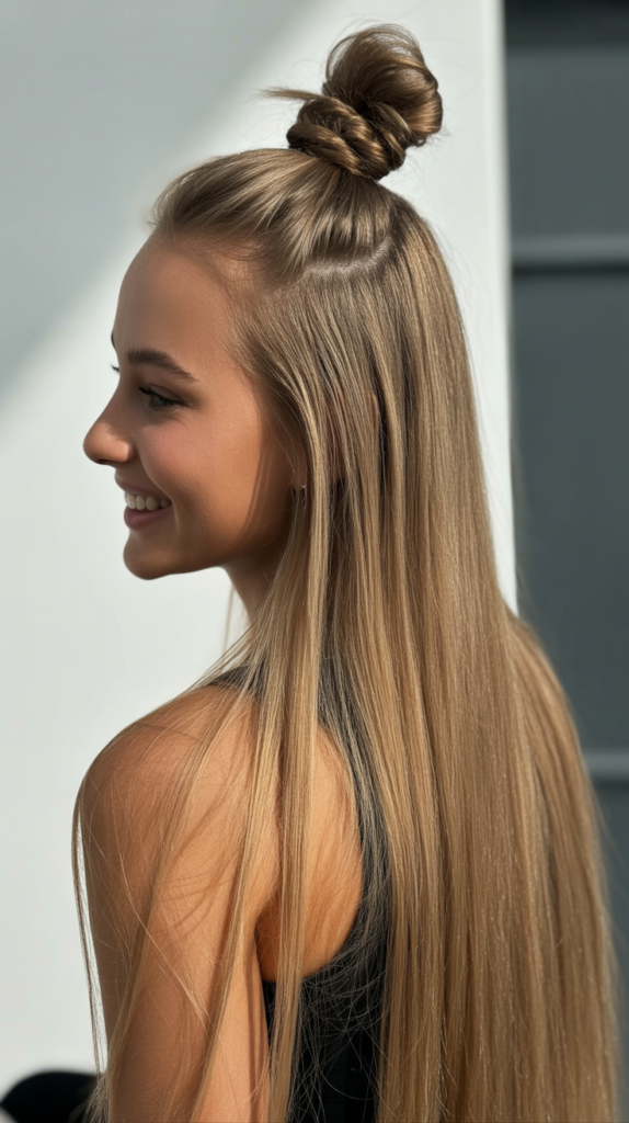 Straight Hair with Top Knot and Length Down