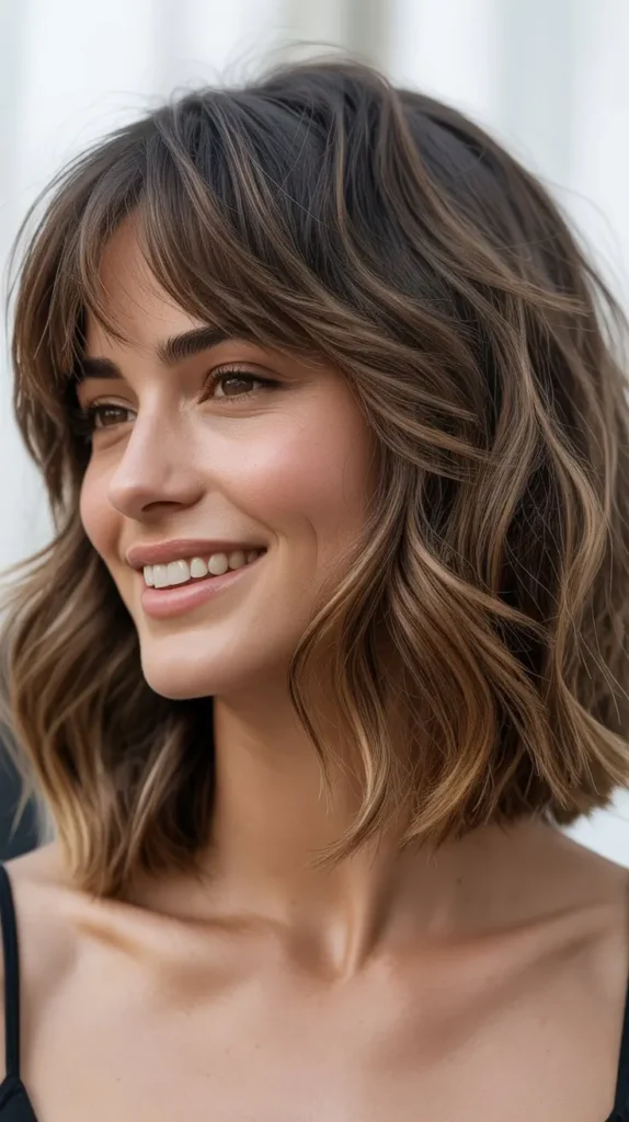 Messy Lob with Brow-Skimming Bangs