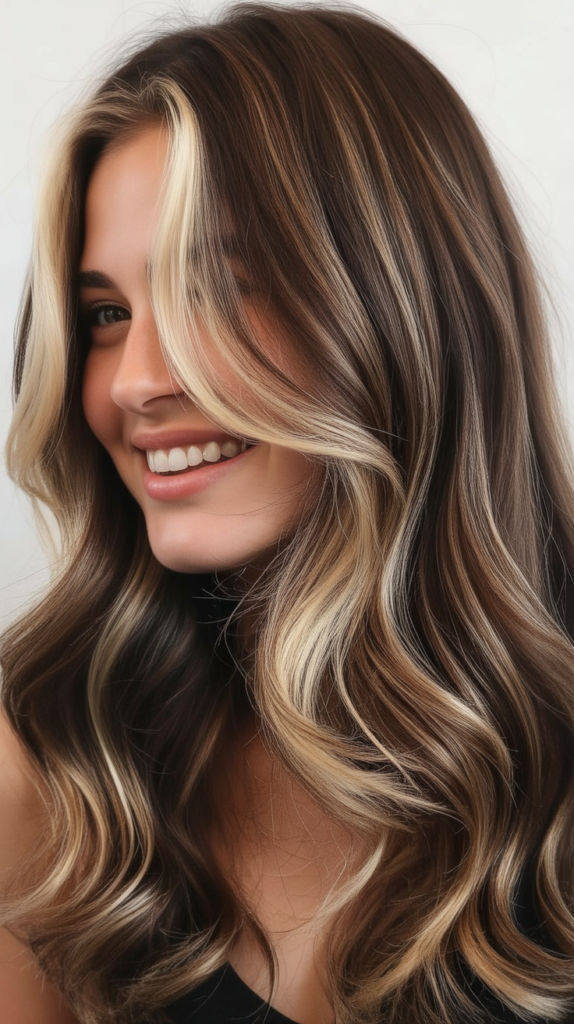 Mocha Brown with Blonde Balayage and Chunky Money Piece