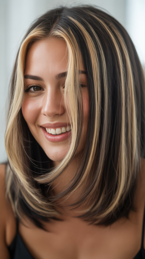 Blonde Highlights in Black Lob (Long Bob)